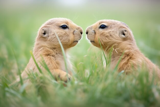 Foto twee prairie honden piepen gezicht in het gras.