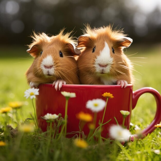 Twee proefkonijnen zitten in twee bekers en knaagden op één gras.