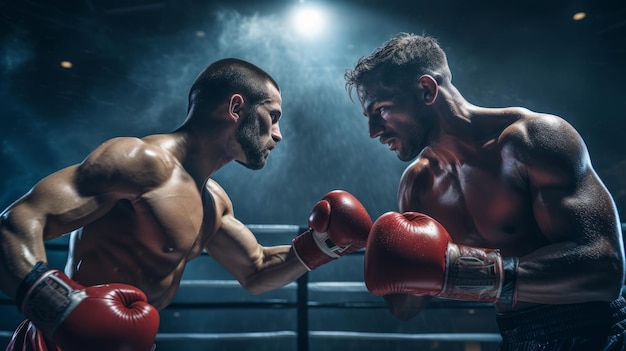 Twee professionele boksers vechten in een donkere boksring.