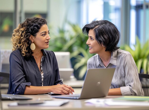 Twee professionele vrouwen hebben een zakelijke discussie op een kantoor bureau met een laptop