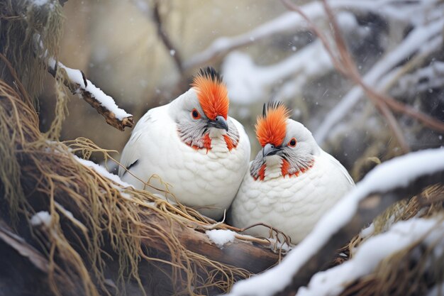 Twee ptarmigans genesteld in een besneeuwde holte