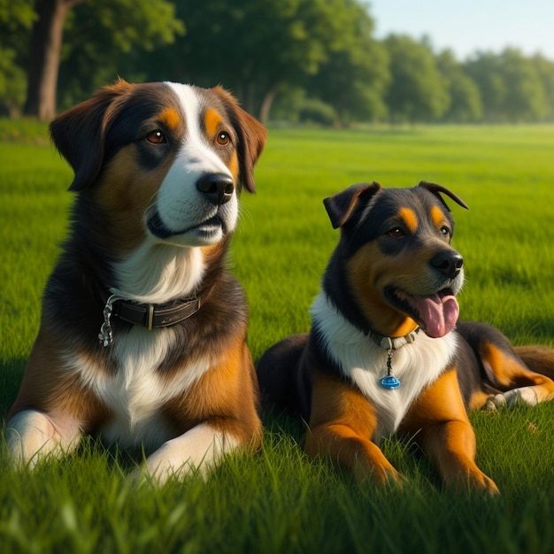 Twee puppy liggend op gras gegenereerd met Ai
