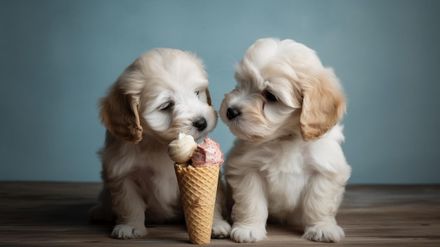 Twee puppy's die een ijshoorntje eten