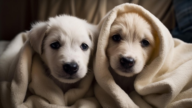 Twee puppy's gewikkeld in een dekentje