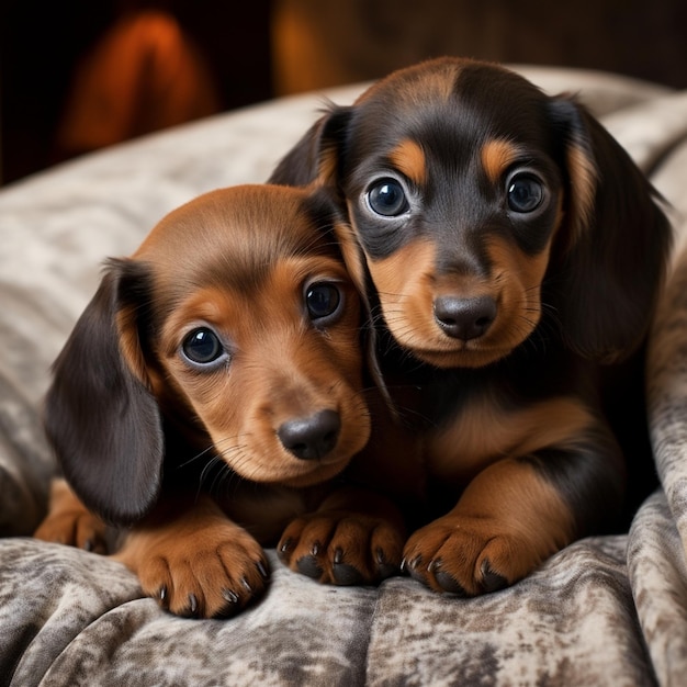 twee puppy's liggen op een bed waarvan er een een puppy is