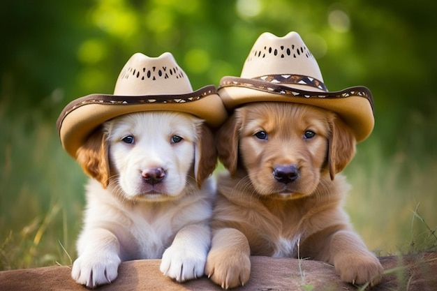 Twee puppy's met cowboyhoeden zitten op een rots.