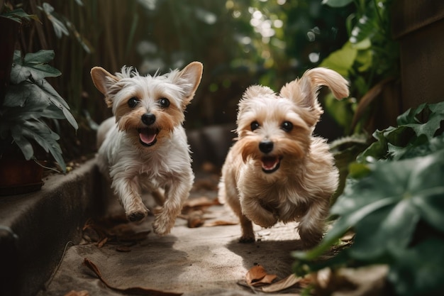 Twee puppy's van Yorkshire Terrier spelen in de tuin op een zonnige dag Twee schattige kleine honden spelen en rennen in een groene tuin AI gegenereerd