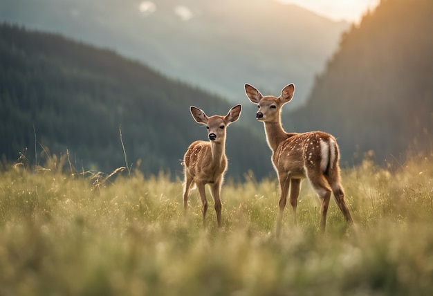 Twee reekalfjes in de weide bij zonsondergang