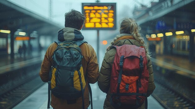 Twee reizigers met rugzakken wachten op een perron van een treinstation
