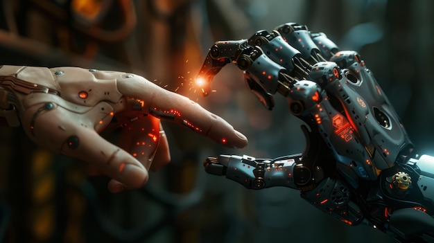 Twee robothanden raken elkaar aan.