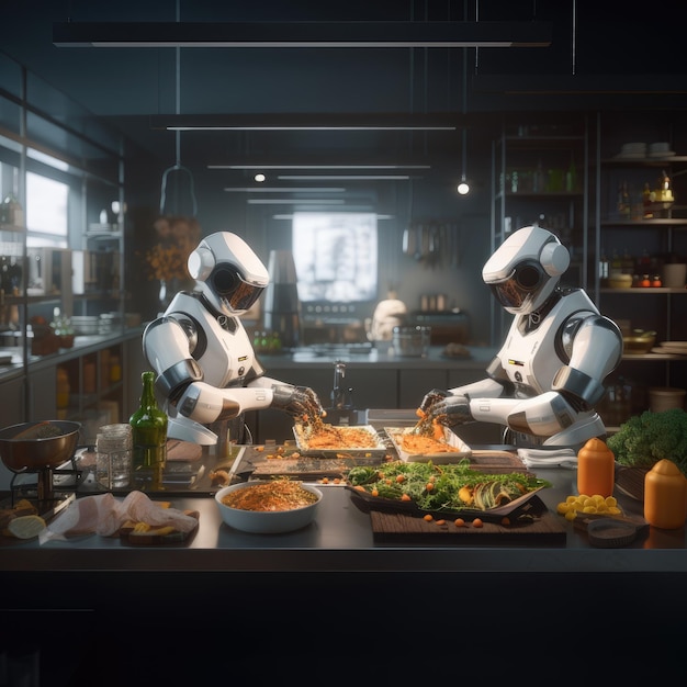 Twee robots bereiden voedsel in de keuken