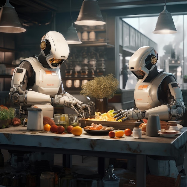 Twee robots bereiden voedsel in de keuken