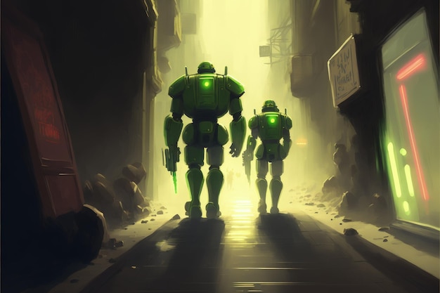 Twee robots lopen door een smal steegje verlicht door neon groene lichten Fantasy concept Illustratie schilderij Generatieve AI