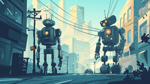 Twee robots staan samen op een stadsstraat