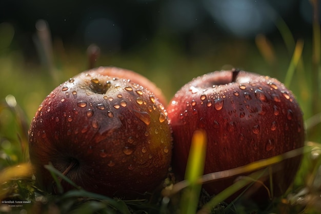 Twee rode appels met waterdruppeltjes erop in het gras