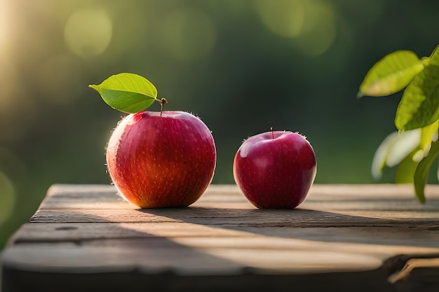 Twee rode appels op een houten tafel met groene bladeren op tafel