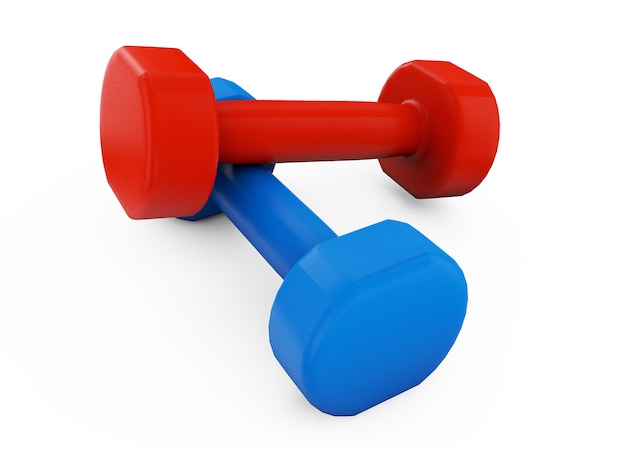 Twee rode en blauwe rubber of kunststof gecoate fitness dumbbells geïsoleerd op een witte achtergrond. 3D illustratie