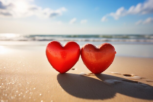 twee rode harten op het zand tegen de achtergrond van de oceaan op een zonnige dag