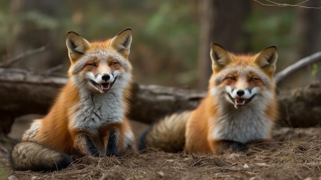 Twee rode vossen zitten in het bos