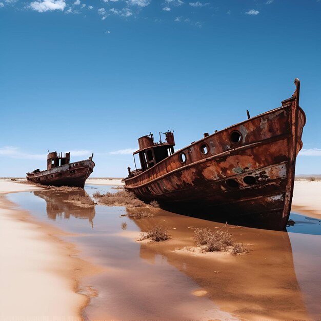 Foto twee roestige schepen op zeestrand