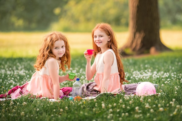 Twee roodharige, krullende, gelukkige meisjeskinderen spelen picknick op het gras tussen witte klaverbloemen
