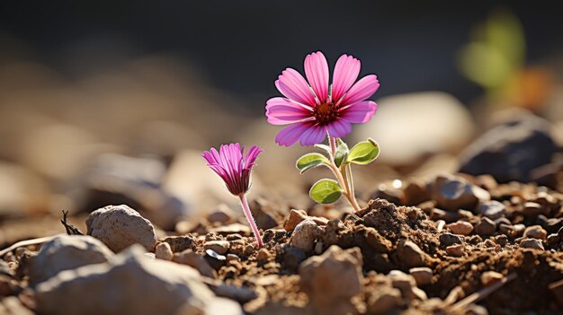 twee roze bloemen die uit de grond groeien