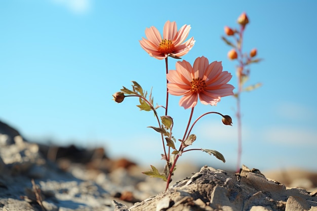 twee roze bloemen groeien uit de grond