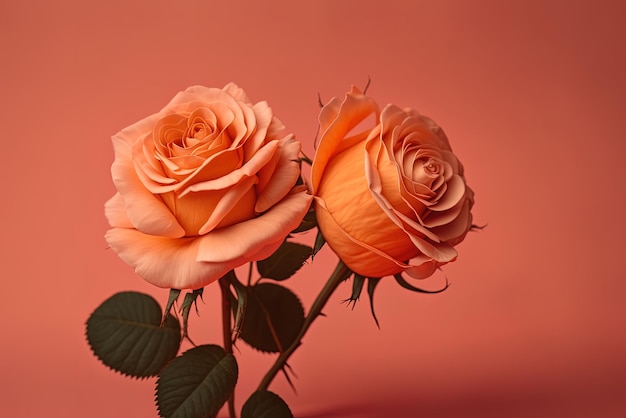 twee roze bloemen in close-up op een oranje achtergrond met kopieerruimte