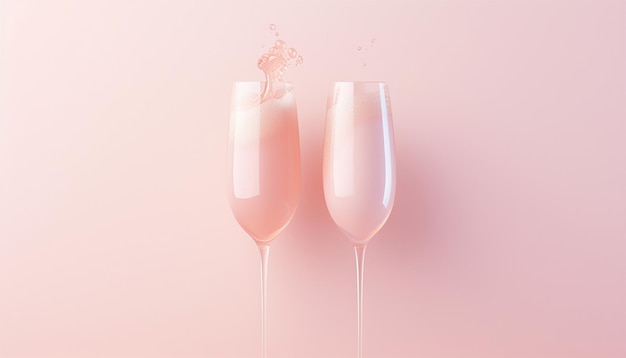 Twee roze champagne glazen op een tweekleurige pastel achtergrond Viering minimale concept kopieerruimte