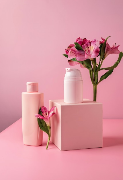 Twee roze flessen met vochtinbrengende crème op podium en pastel achtergrond. Cosmetisch containermodel met plaats voor tekst. Natuurlijke huidverzorging schoonheidsproduct concept.