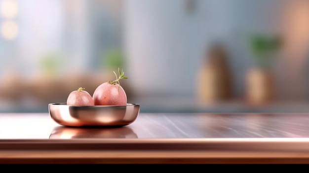 Twee roze granaatappels op een zilveren schaal op een houten tafel