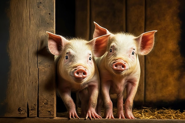 Twee roze tamme varkens die uit de schuur gluren op het varkensbedrijf