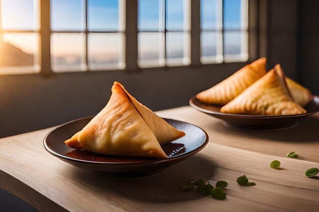 Twee samosa's op een houten tafel met een raam op de achtergrond