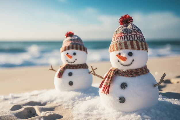 Twee Sandy Christmas Snowmen vieren Kerstmis op een prachtig strand Generatieve AI