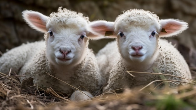 Twee schapen die op de grond liggen, waarvan er één lammeren wordt genoemd.