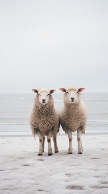 twee schapen staan op een strand naast de oceaan