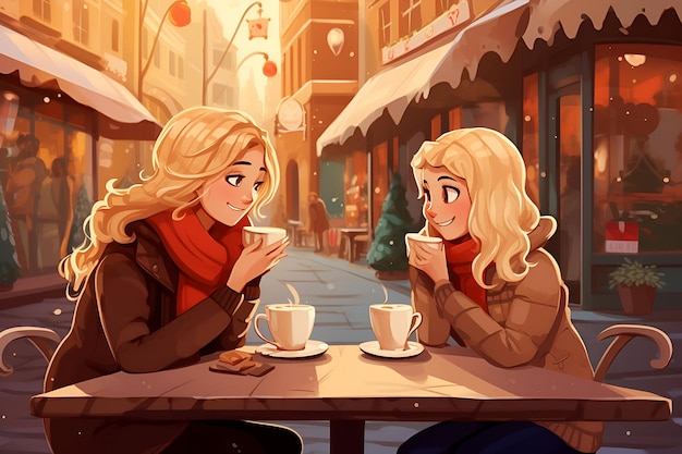 Foto twee schattige cartoon blonde meisjes zitten aan een tafel in een café en drinken koffie