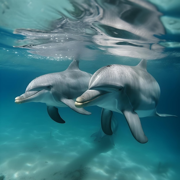 Twee schattige dolfijnen die in de blauwe oceaan over het koraalrif glimlachen Generatieve AI-illustratie