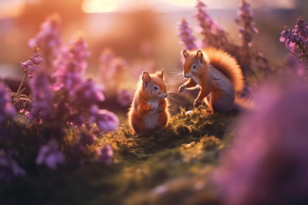 Twee schattige eekhoorns in een zonnige weide met wilde paarse bloemen