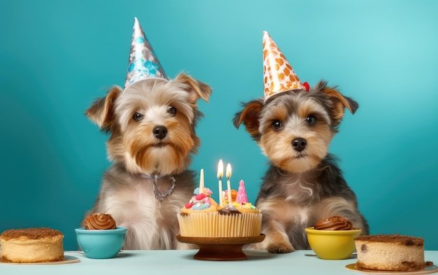 Twee schattige gelukkige puppy's met een verjaardagstaart vieren op een verjaardagsfeest gemaakt met Generative AI-technologie