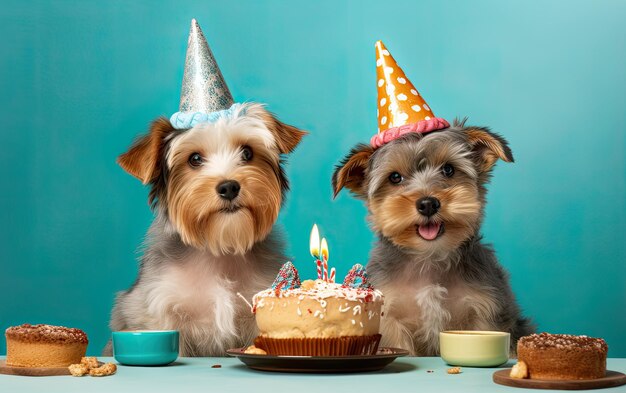 Twee schattige gelukkige puppy's met een verjaardagstaart vieren op een verjaardagsfeest gemaakt met Generative AI-technologie