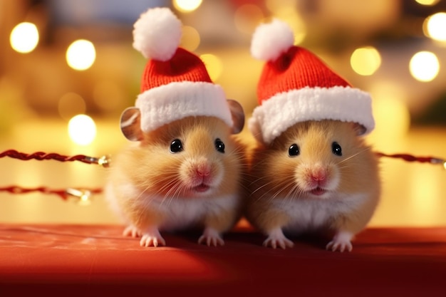 Foto twee schattige hamsters in hoeden met kerstballen.