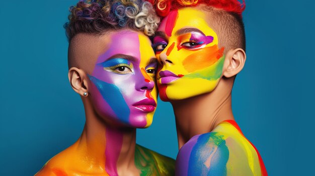 Foto twee schattige jonge jongens geliefden met geschilderde gezichten en kleurrijke kapsels op een blauwe achtergrond foto van hoge kwaliteit