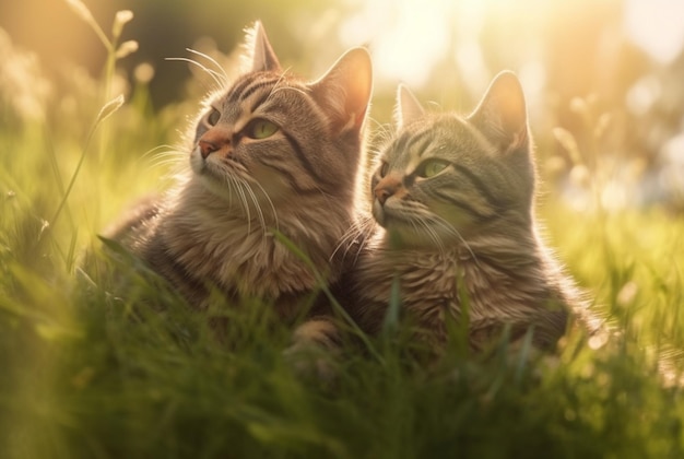 Twee schattige katten op groen gras met wazige achtergrond van de vroege ochtendzon