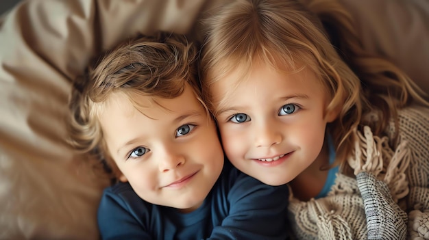 Twee schattige kinderen, een jongen en een meisje, zitten dicht bij elkaar en glimlachen naar de camera.