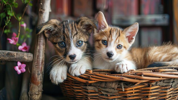 Foto twee schattige kittens zitten naast elkaar in een mand en kijken nieuwsgierig uit