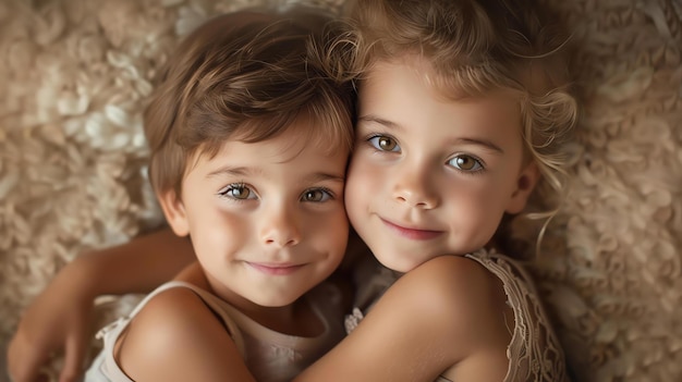 Twee schattige kleine meisjes met bruin haar en groene ogen die schattige jurken dragen zitten op een pluizige witte deken