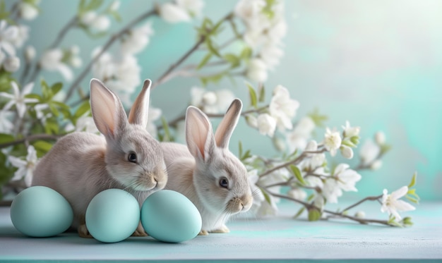 Twee schattige konijnen met paaseieren en voorjaarsbloemen op een feestelijke blauwe tafel.