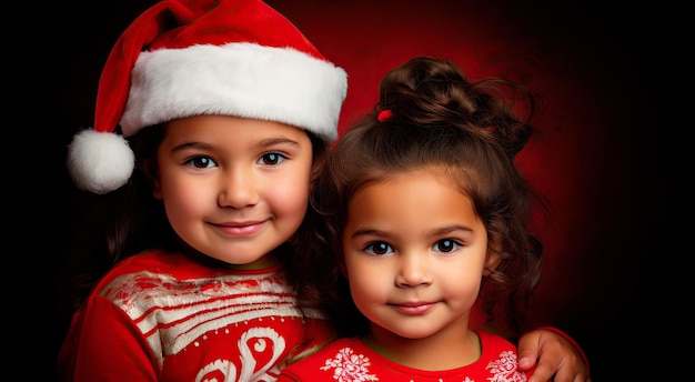 Foto twee schattige latijns-amerikaanse kinderen gekleed als de kerstman.