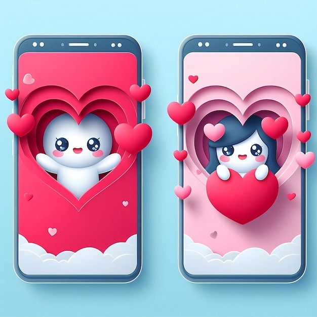 Twee schattige personages verschijnen op twee verschillende telefoonschermen en delen een hart voor Valentijnsdag.